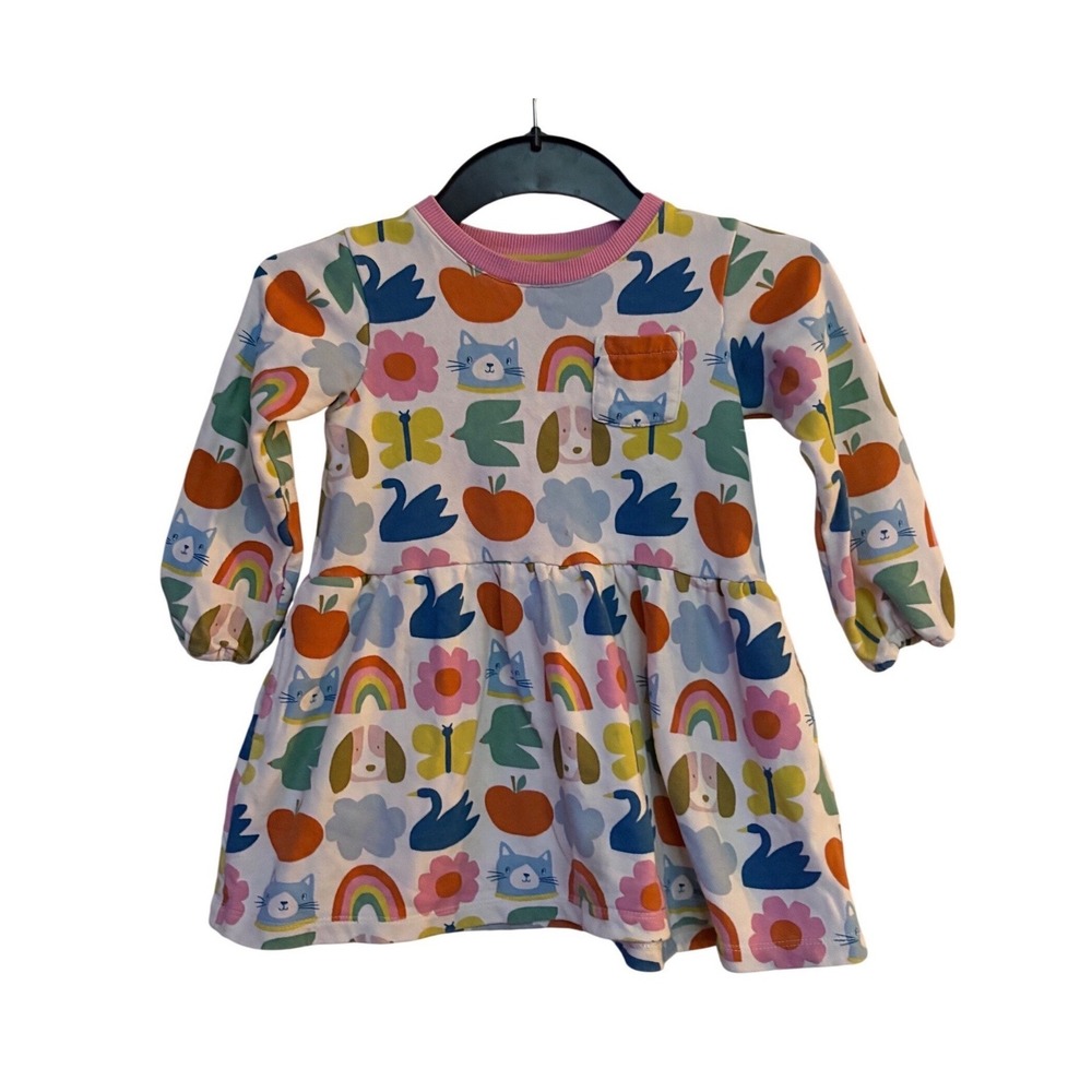 Mini Boden Girls Multi Animal Rainbow Print Long Sleeve Pocket Jersey Dress 3-4Y